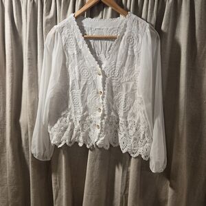 Elegant White Lace Button-Up Blouse